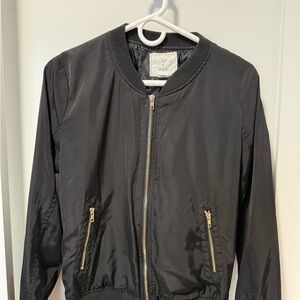 Black Bomber Jacket with Gold Zippers by Ivy & Main, size large